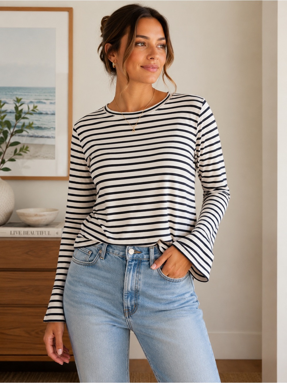 J.Jill Women’s Navy Blue & White Striped Long Sleeve Knit Tee Size: Medium